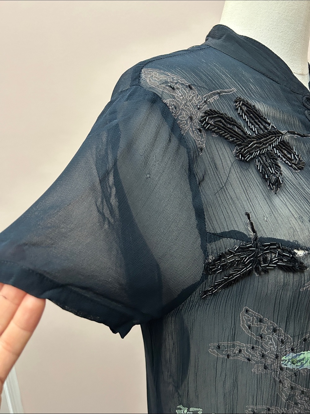 VTG Cache Sheer Black Embroidered Butterfly Duster Asian frog closure sz small - Picture 8 of 16